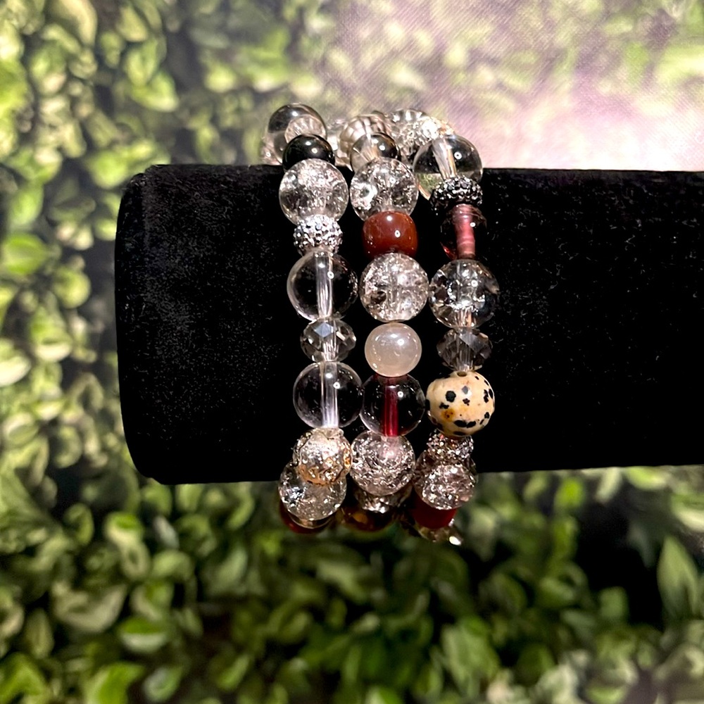 Elegant Silver and Red Beaded Bracelet Set